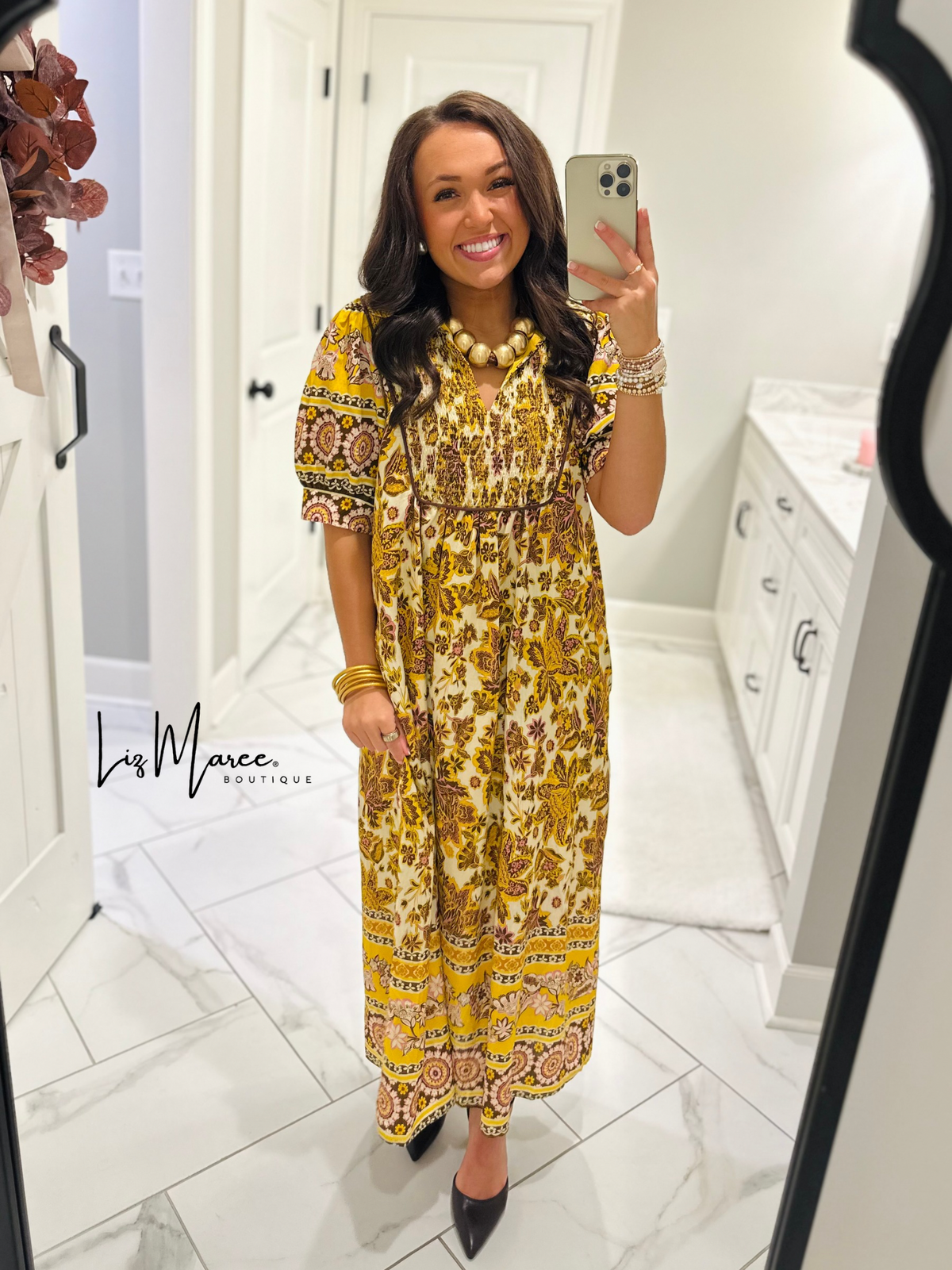 The Phoebe Golden Yellow Floral Midi Dress