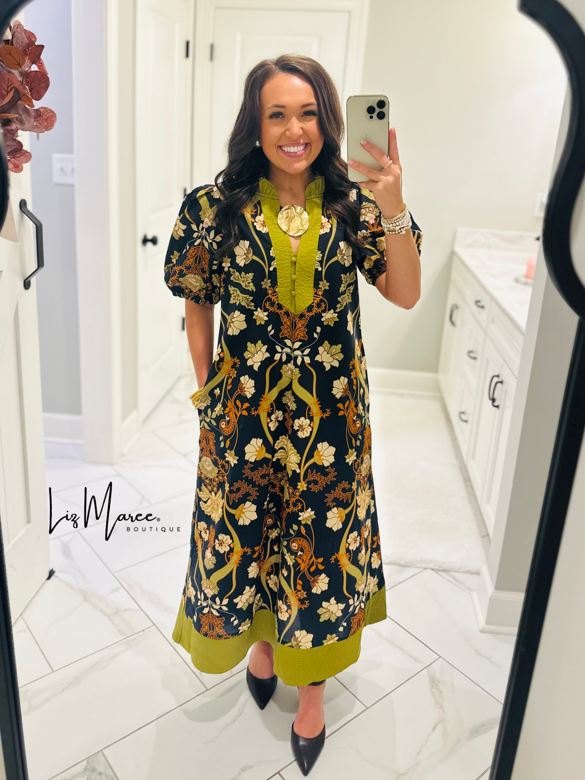 The Francesca Black + Olive Green Floral Midi Dress