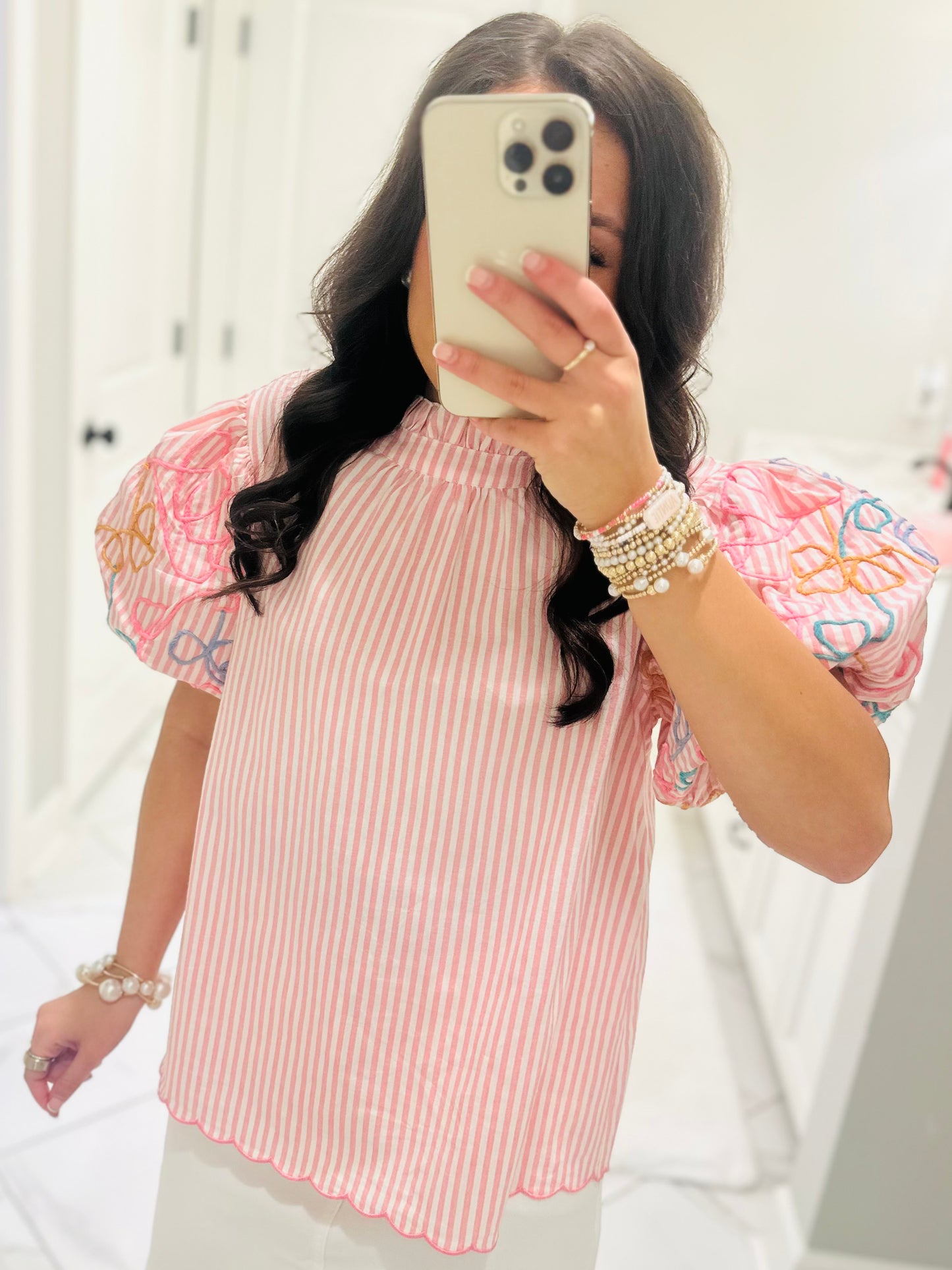The Madi Rose Pink Striped Bubble Sleeve Top