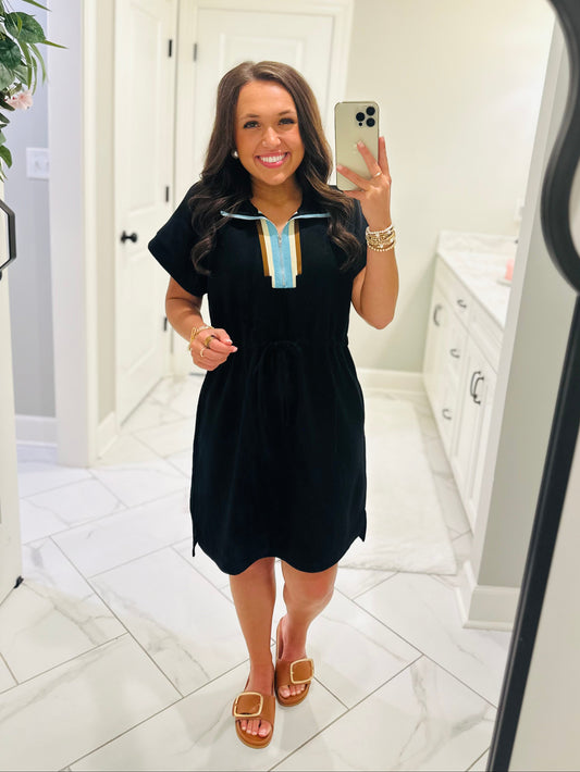The Brynn Black Drawstring Quarter Zip Dress