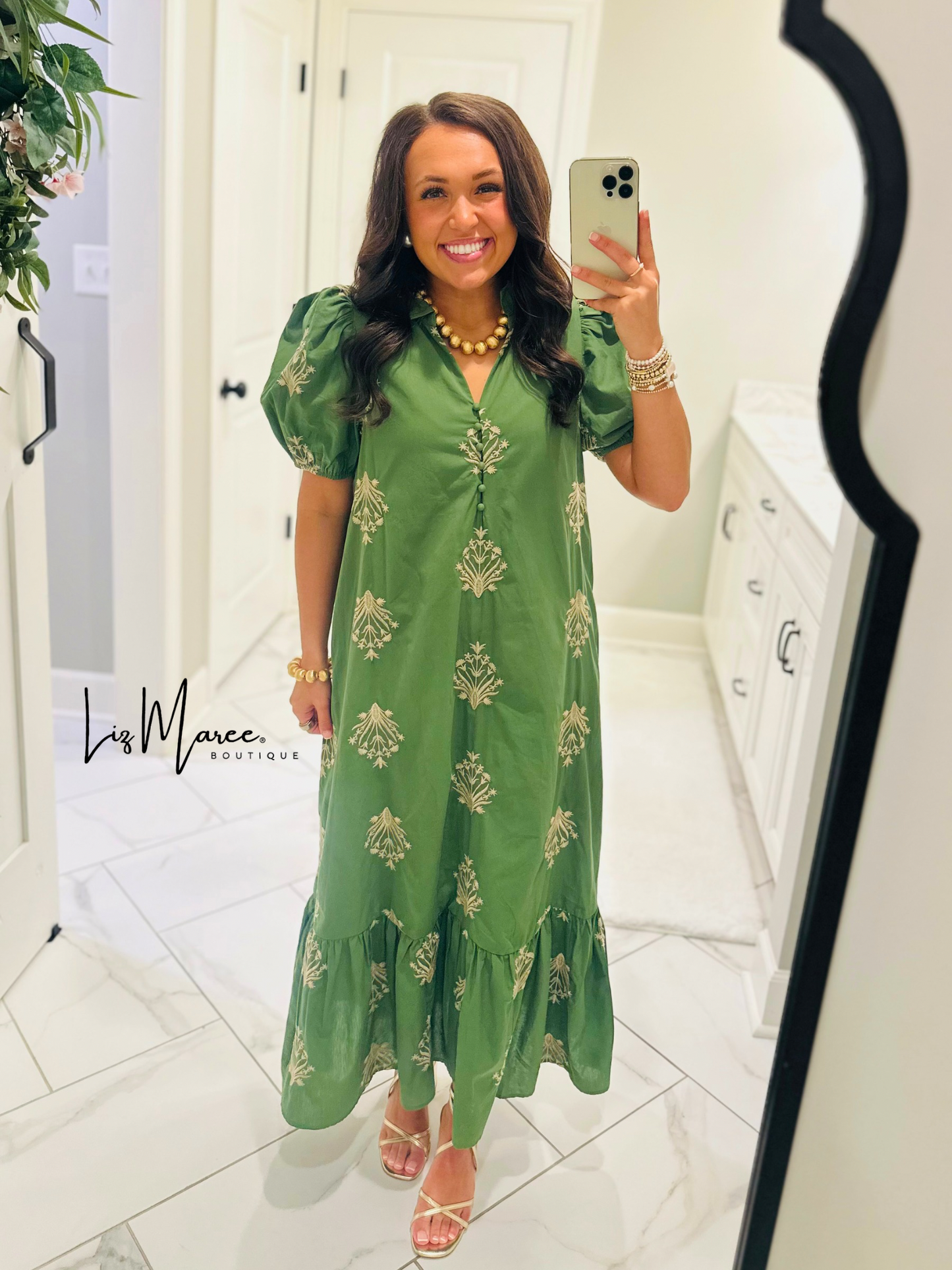 The Nola Olive Green Botanical Embroidered Midi Dress