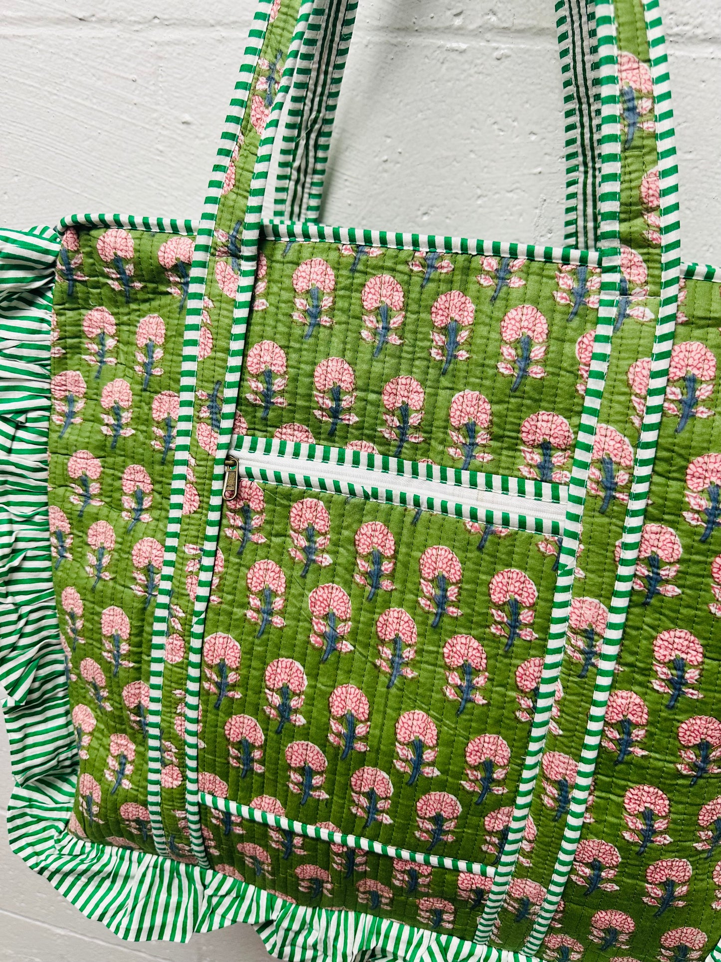 The Green Vintage Floral Ruffle Quilted Tote Bag