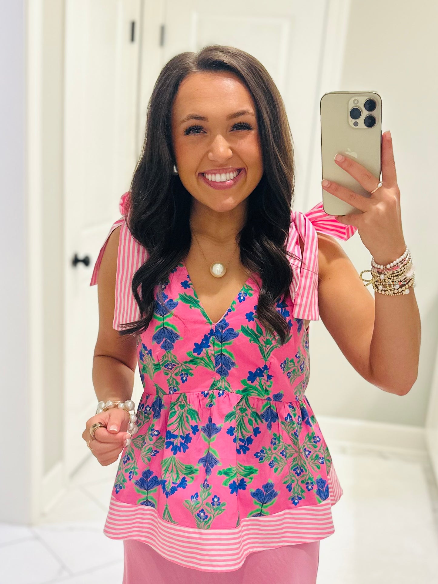 The Rory Pink Botanical Shoulder Bow Top