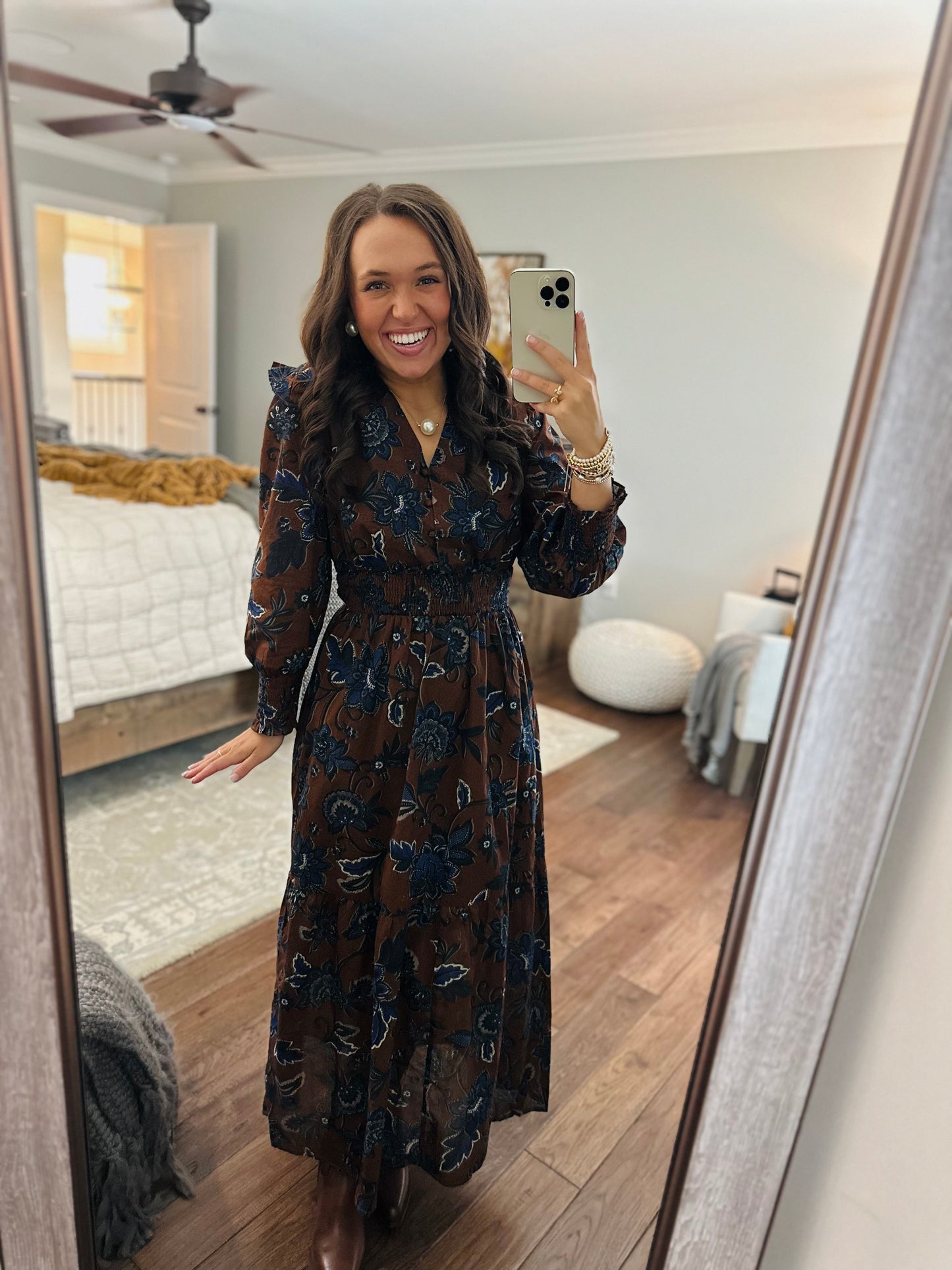 The Marlina Brown + Blue Floral Midi Dress