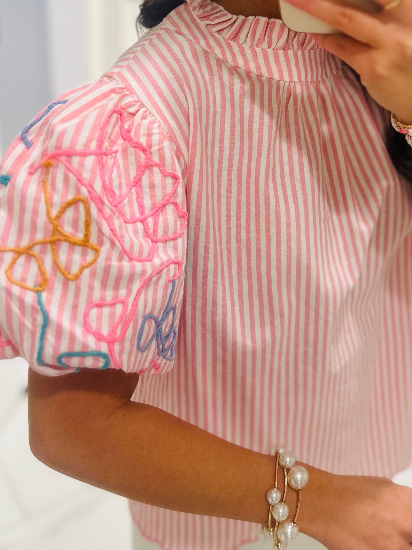 The Madi Rose Pink Striped Bubble Sleeve Top
