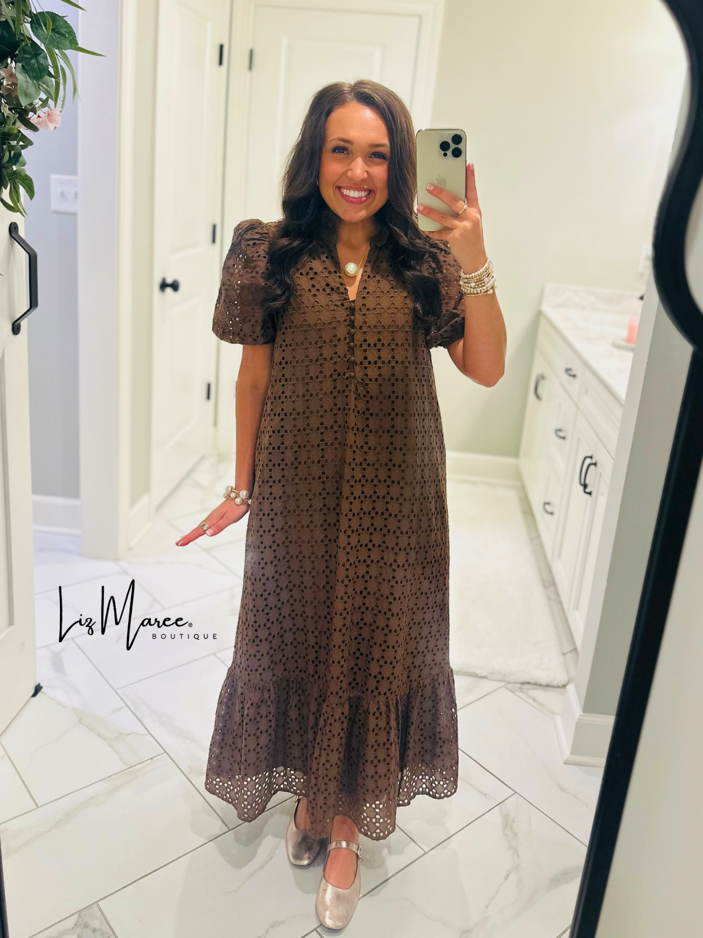 The Liz Brown Eyelet Midi Dress