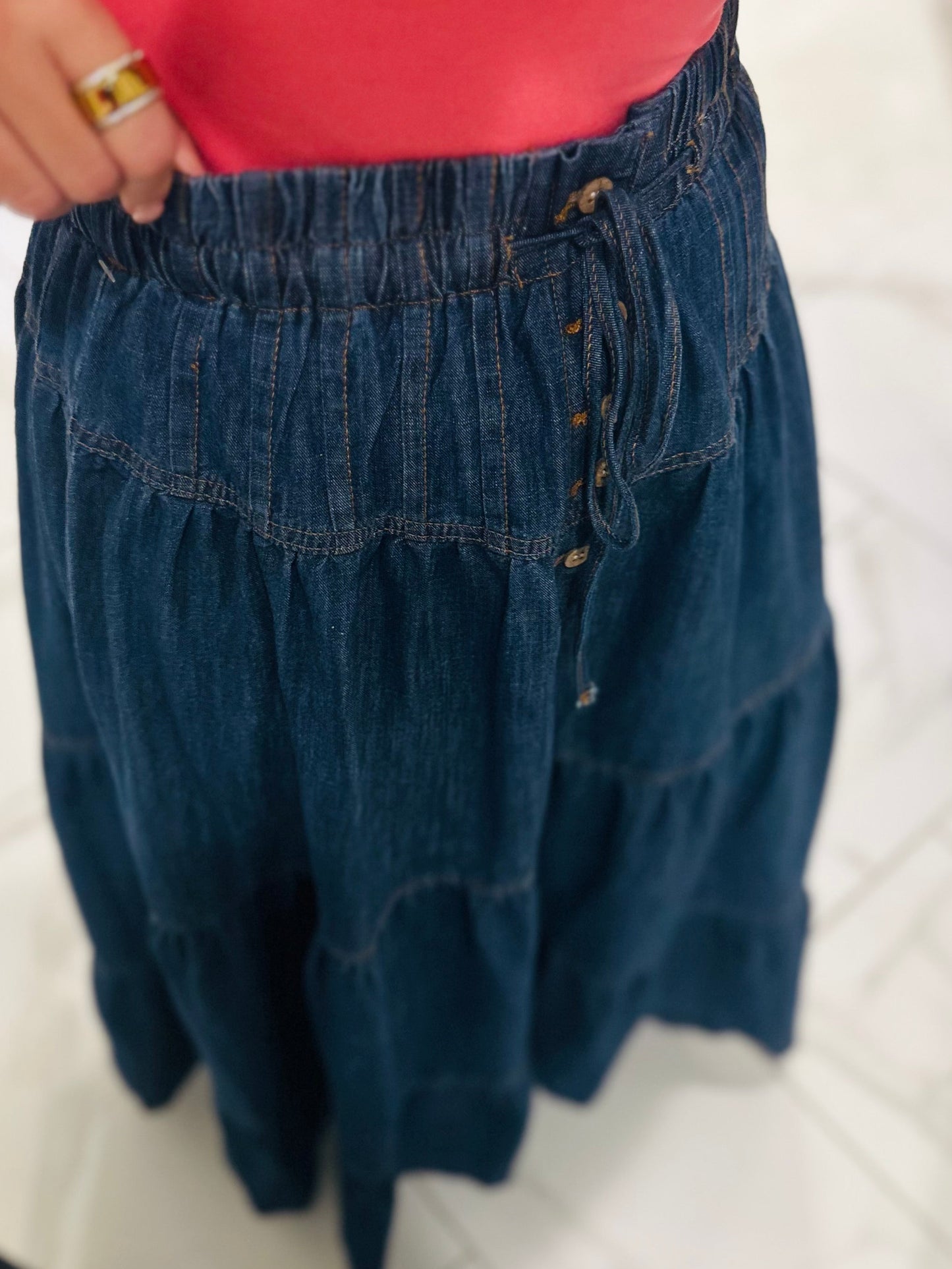 The Mamie Front Button Down Long Denim Skirt