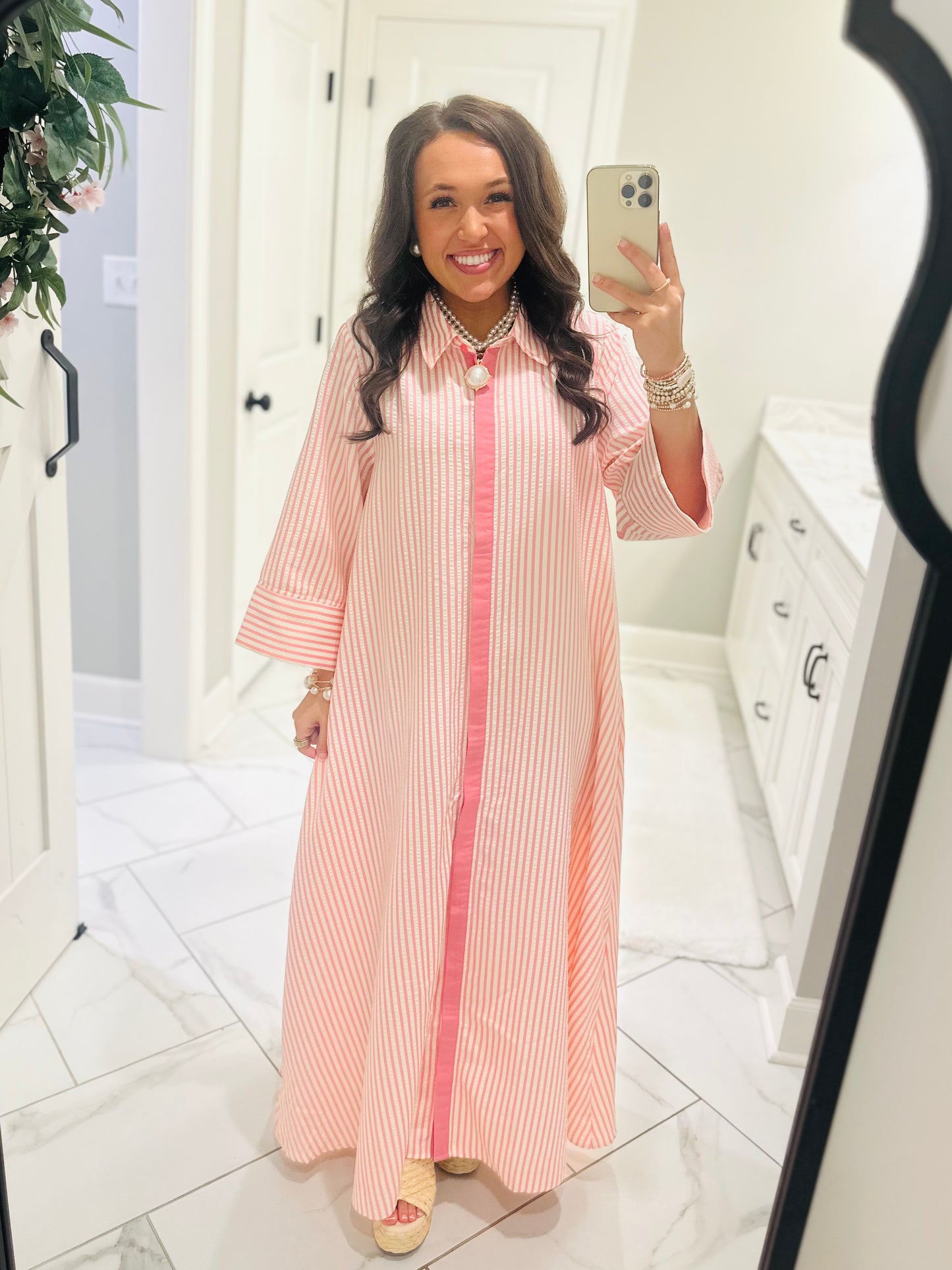 The Nora Pink Striped Midi Dress
