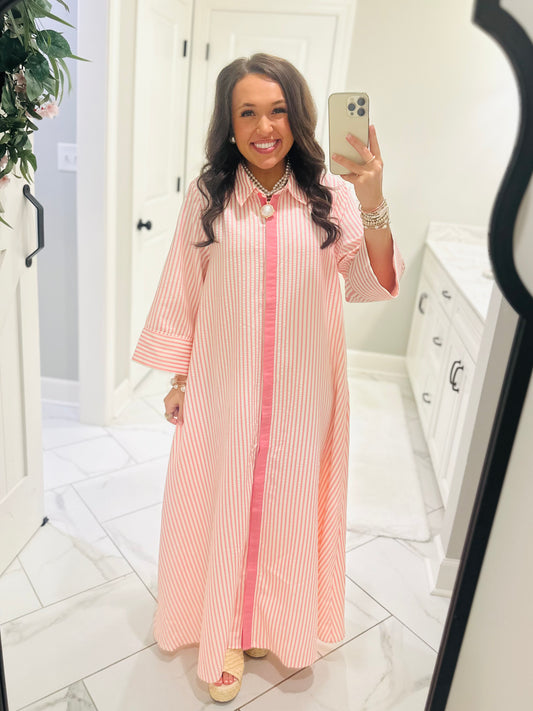 The Nora Pink Striped Midi Dress