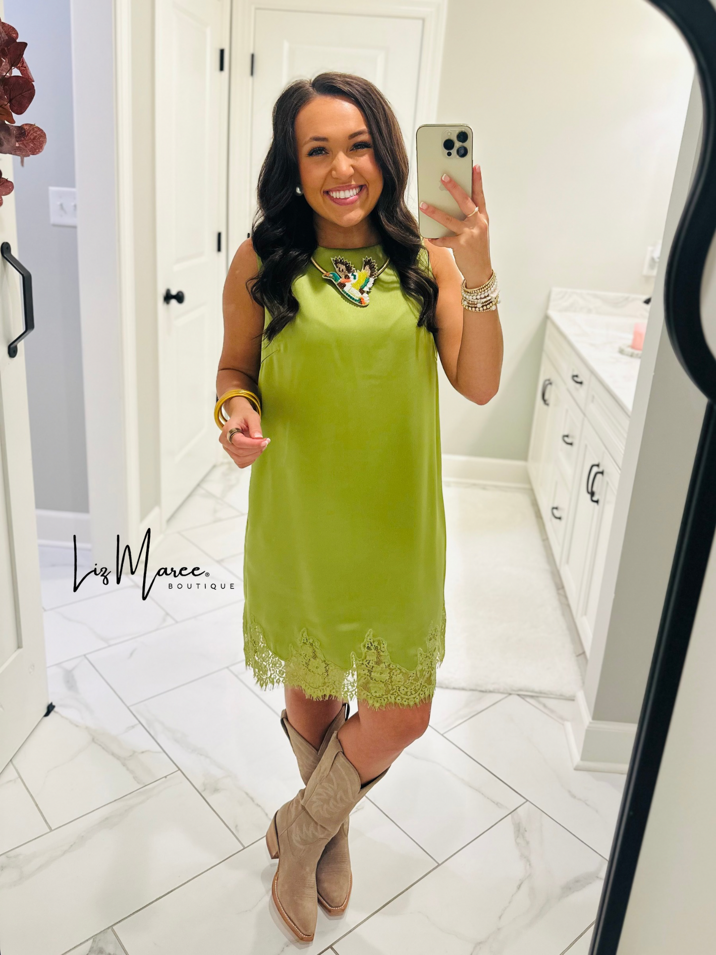 The Lola Olive Green Satin Lace Dress