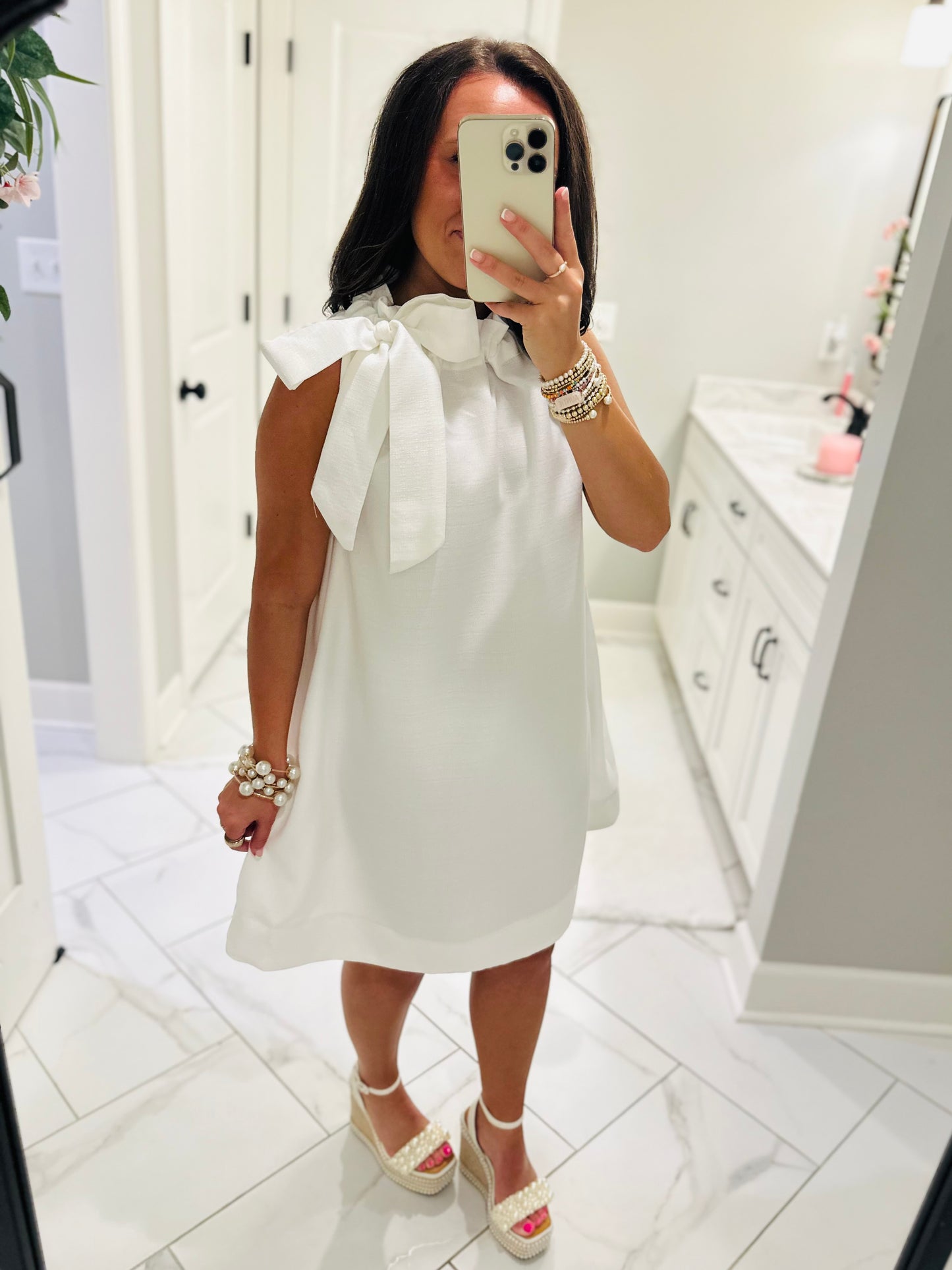 The Elizabeth White Tie Neck Shift Dress