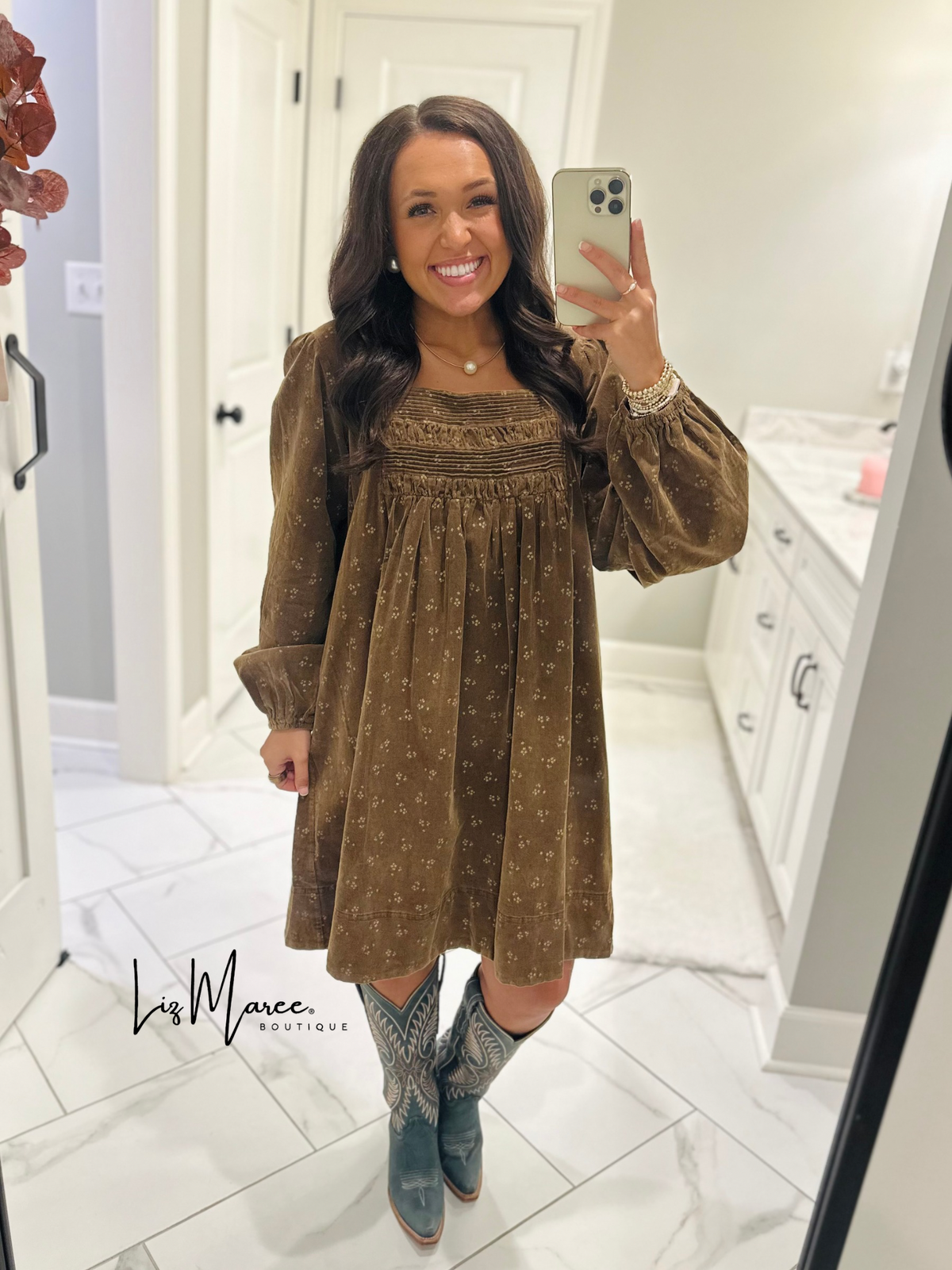 The Cassie Dark Camel Floral Corduroy Dress