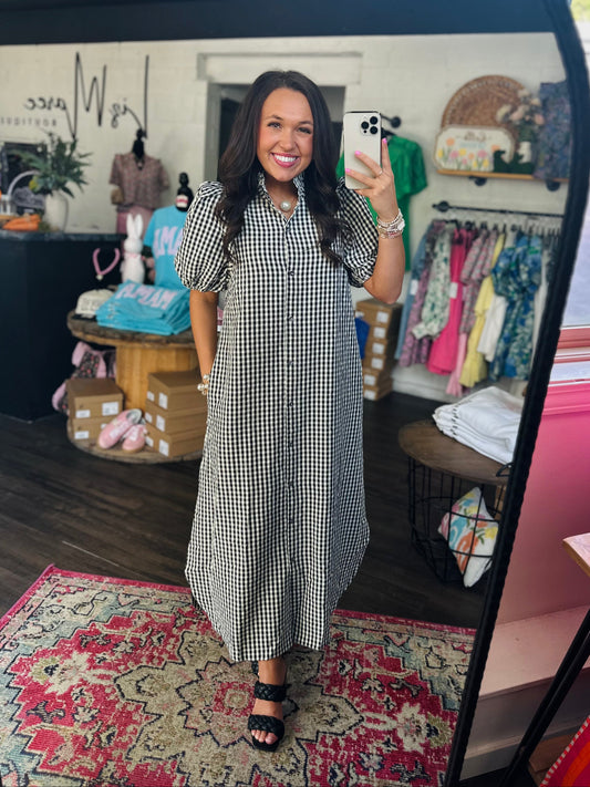 The Bess Black Gingham Midi Dress