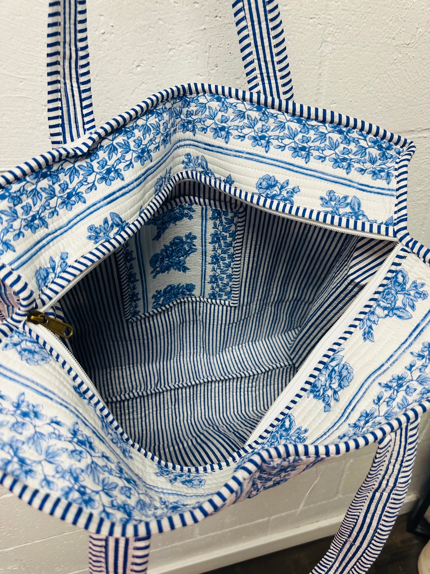 The Blue + White Floral Quilted Tote Bag
