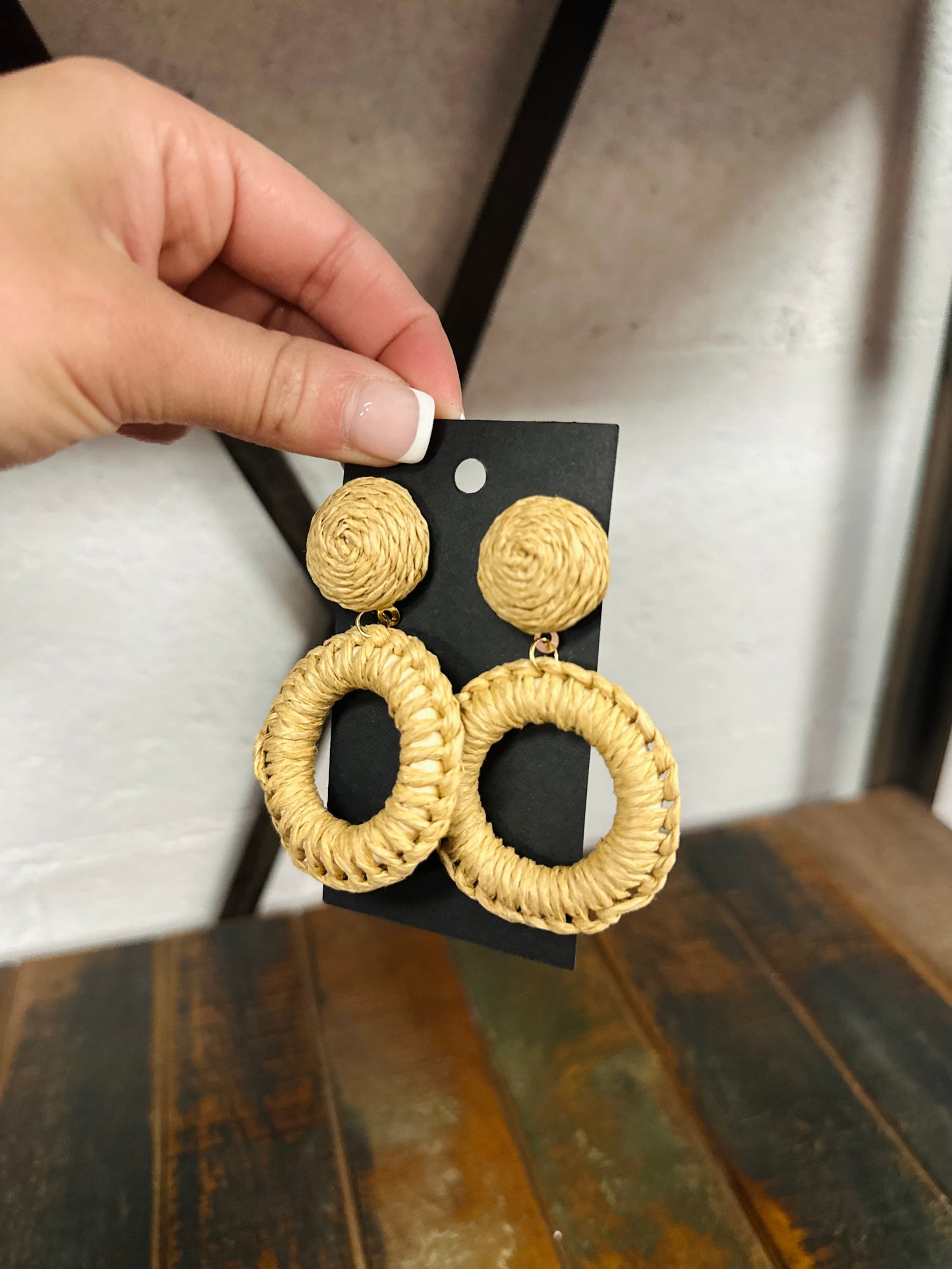 Brown Rattan Wrapped Circle Drop Earrings