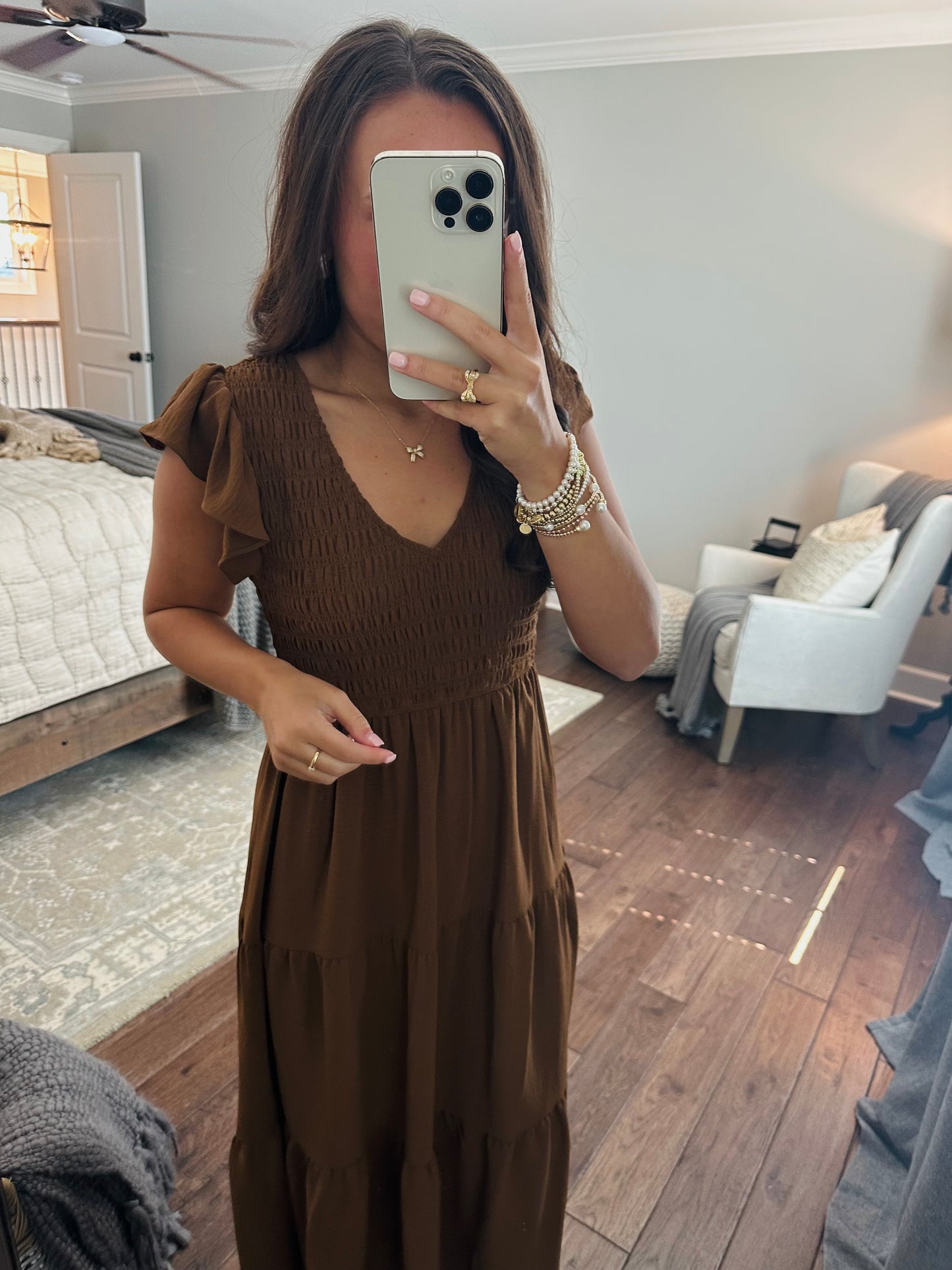 The Maple Copper Brown Flutter Sleeve Smocked Midi Dress