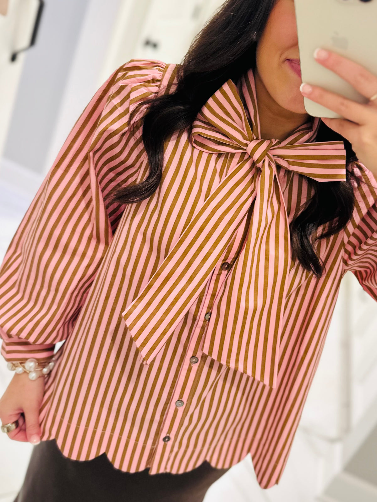 The Shelby Pink + Brown Striped Bow Top