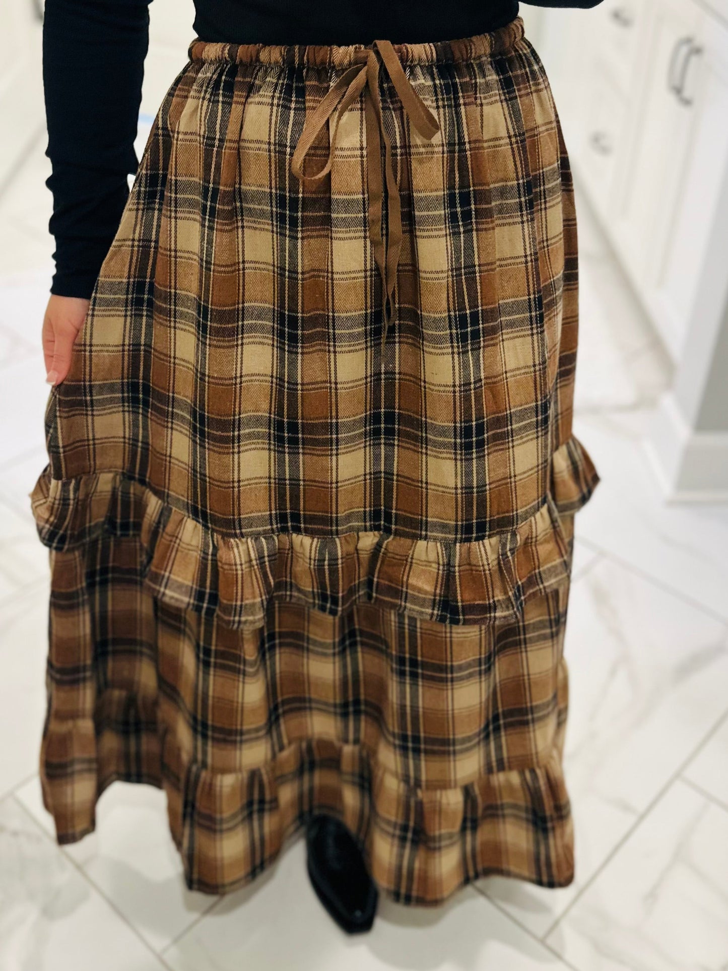 The Raine Mocha Plaid Ruffle Tiered Midi Skirt