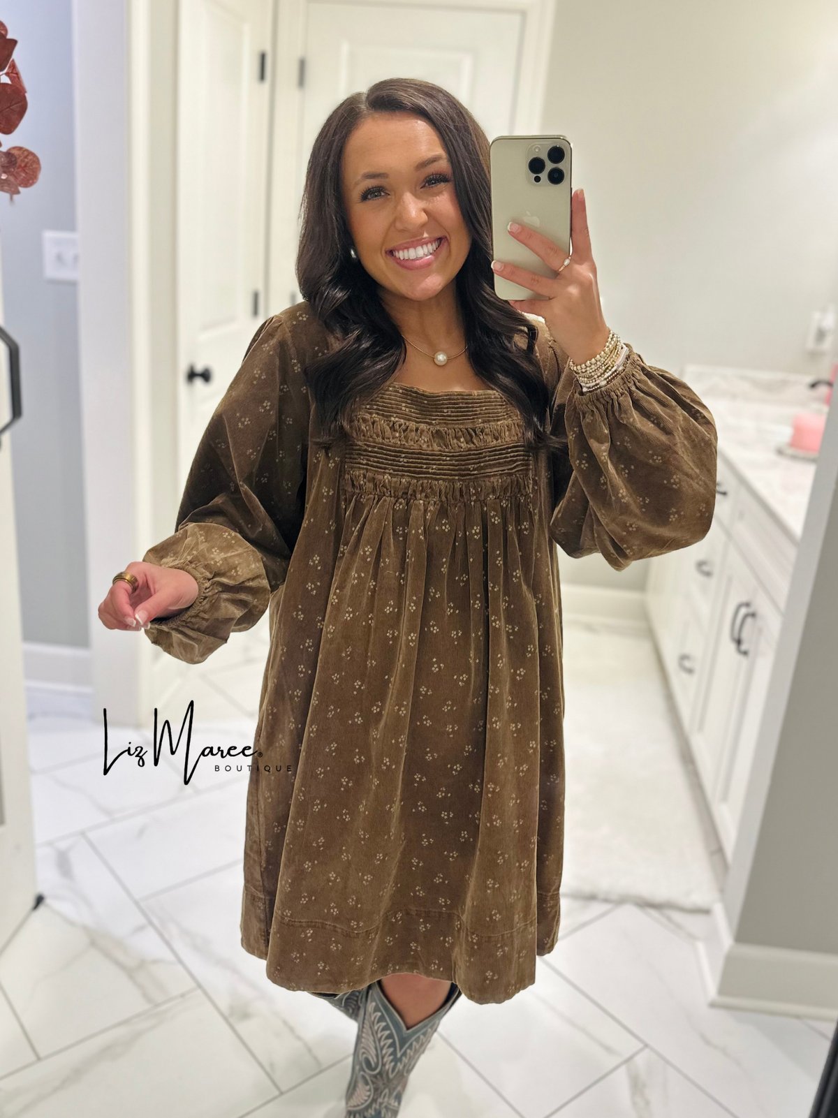 The Cassie Dark Camel Floral Corduroy Dress