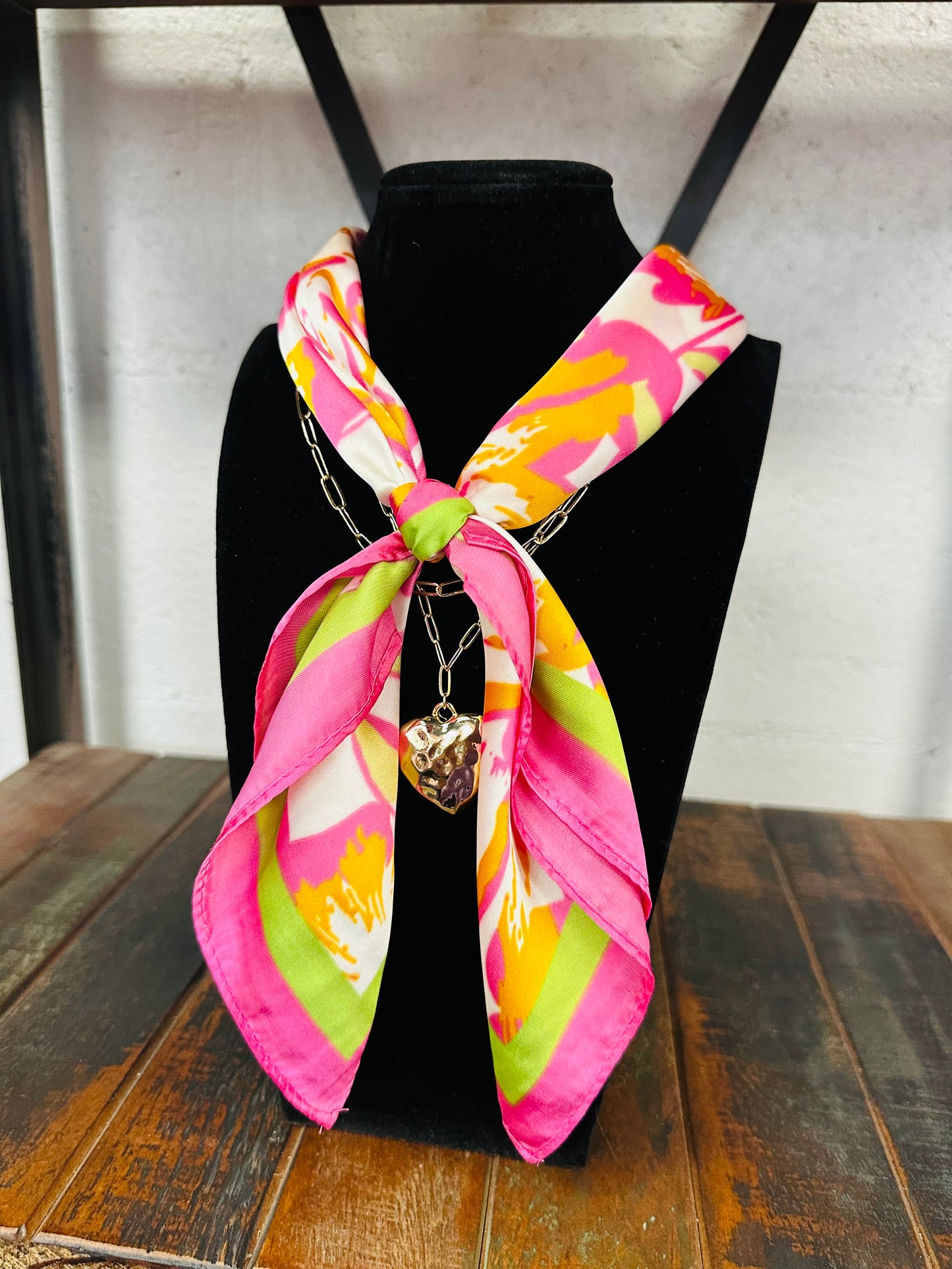 Pink + Gold Heart Pendant Scarf Necklace
