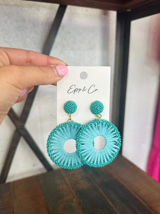 Teal Beaded Raffia Circle Drops