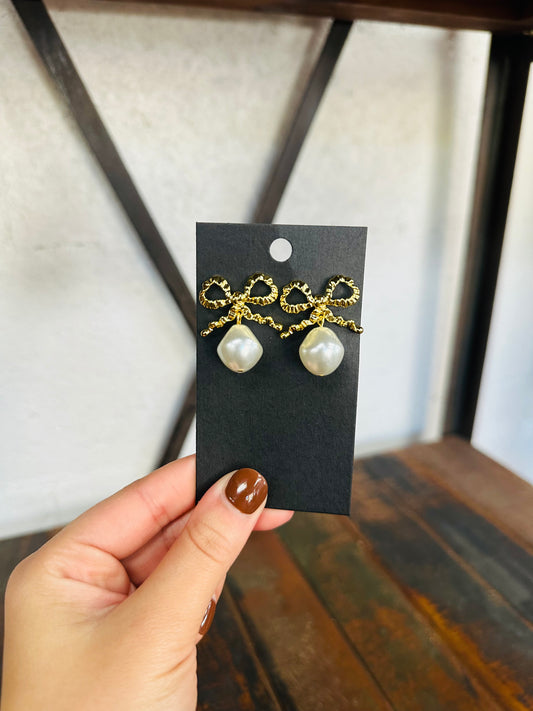 Dangle Pearl Bow Earrings