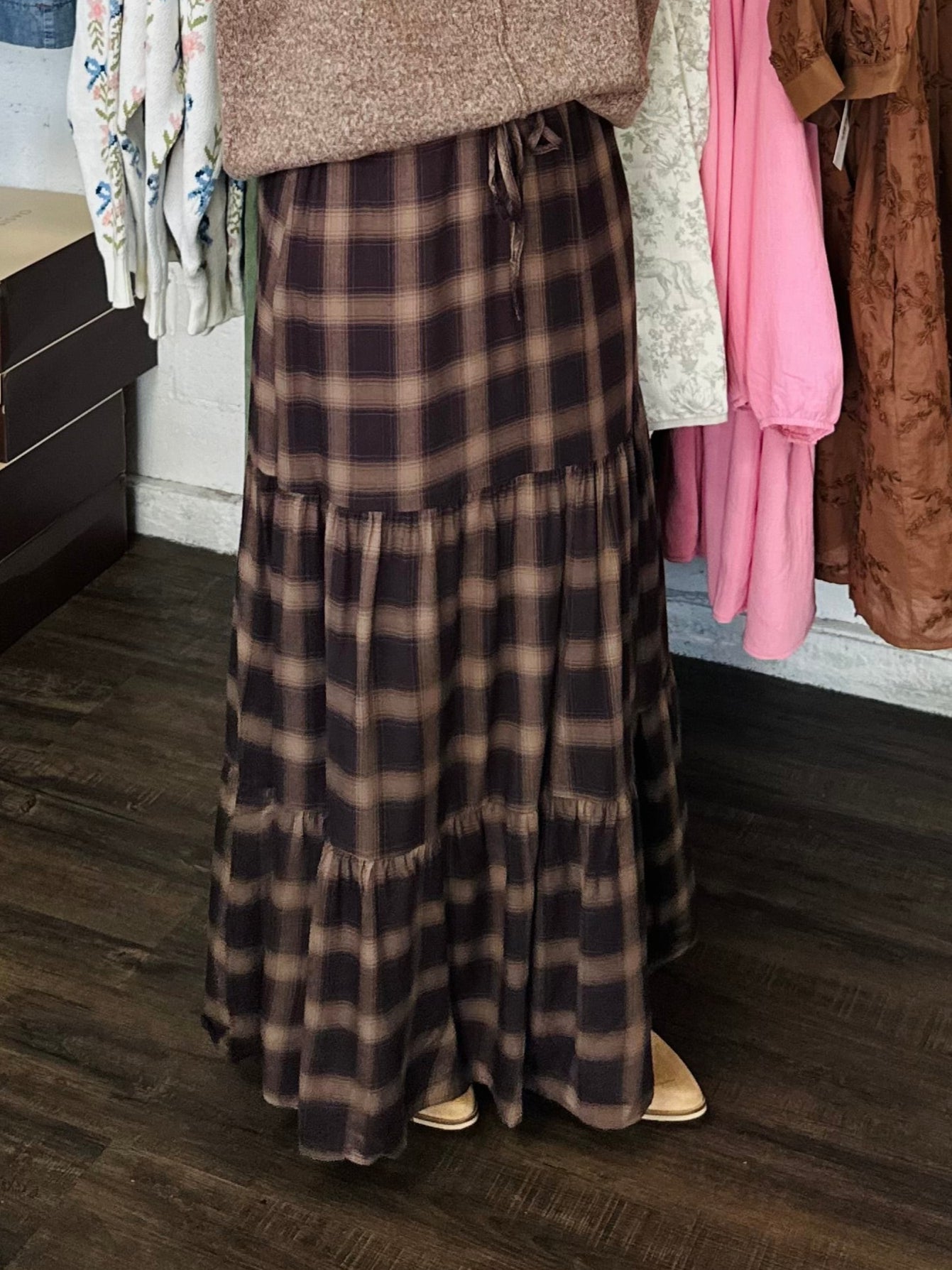 The Ember Brown Plaid Tiered Maxi Skirt