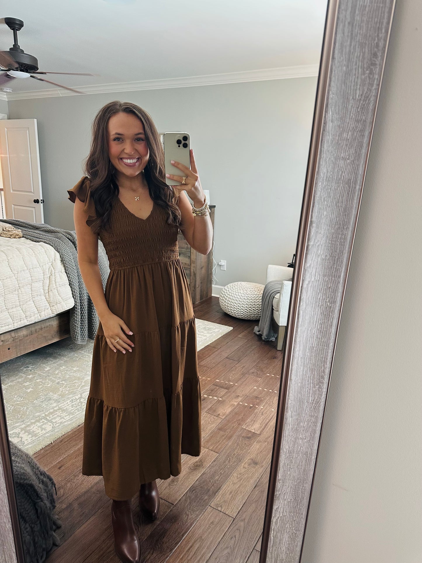 The Maple Copper Brown Flutter Sleeve Smocked Midi Dress