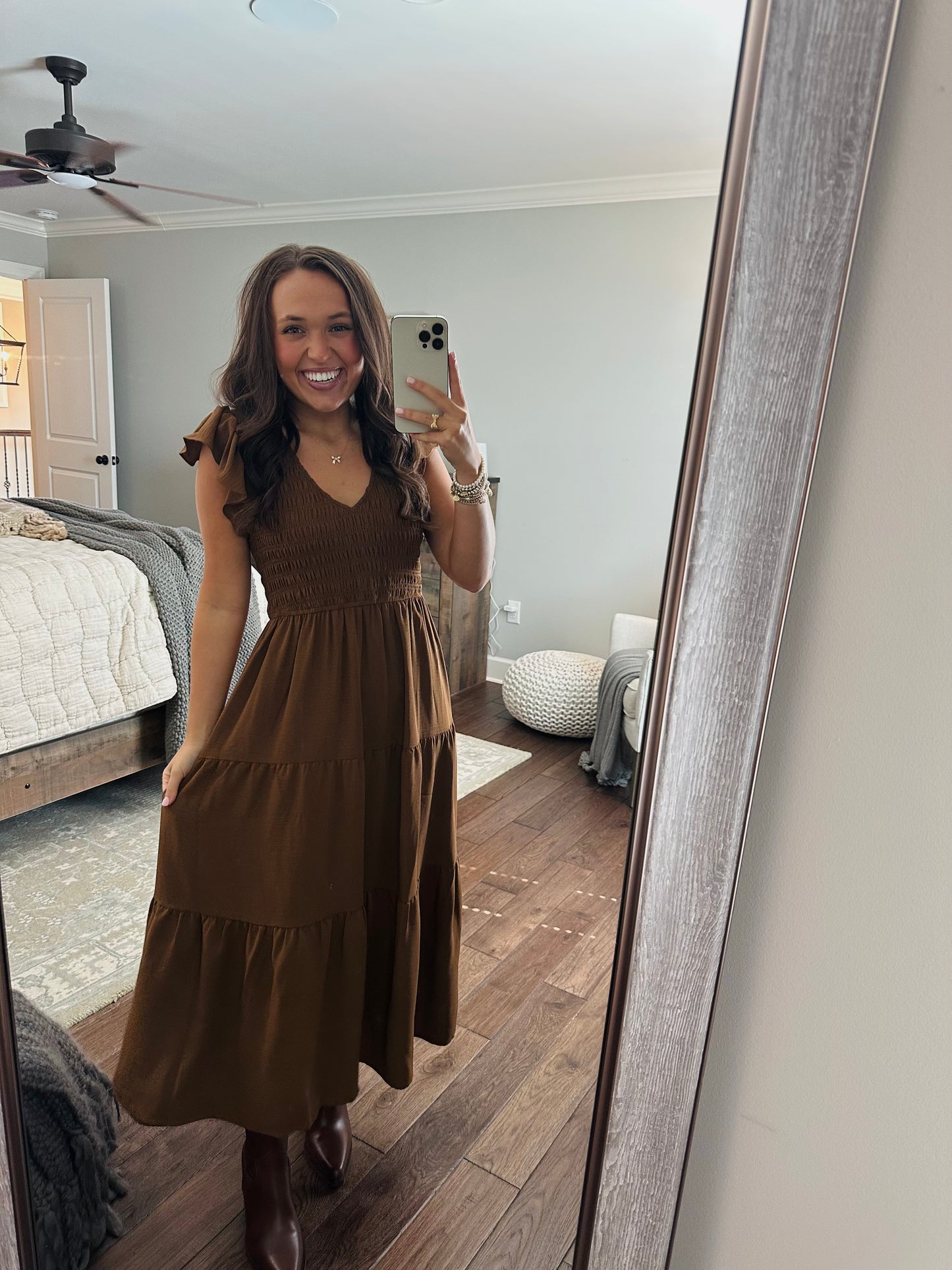 The Maple Copper Brown Flutter Sleeve Smocked Midi Dress