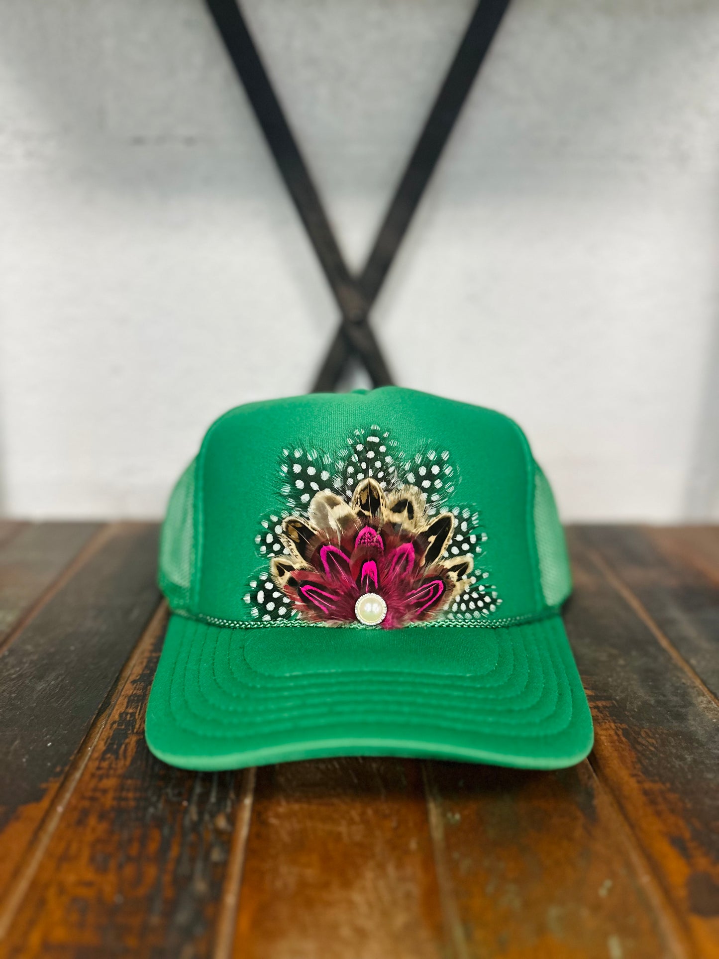 Green & Pink Feather + Pearl Trucker Hat