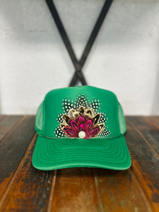 Green & Pink Feather + Pearl Trucker Hat