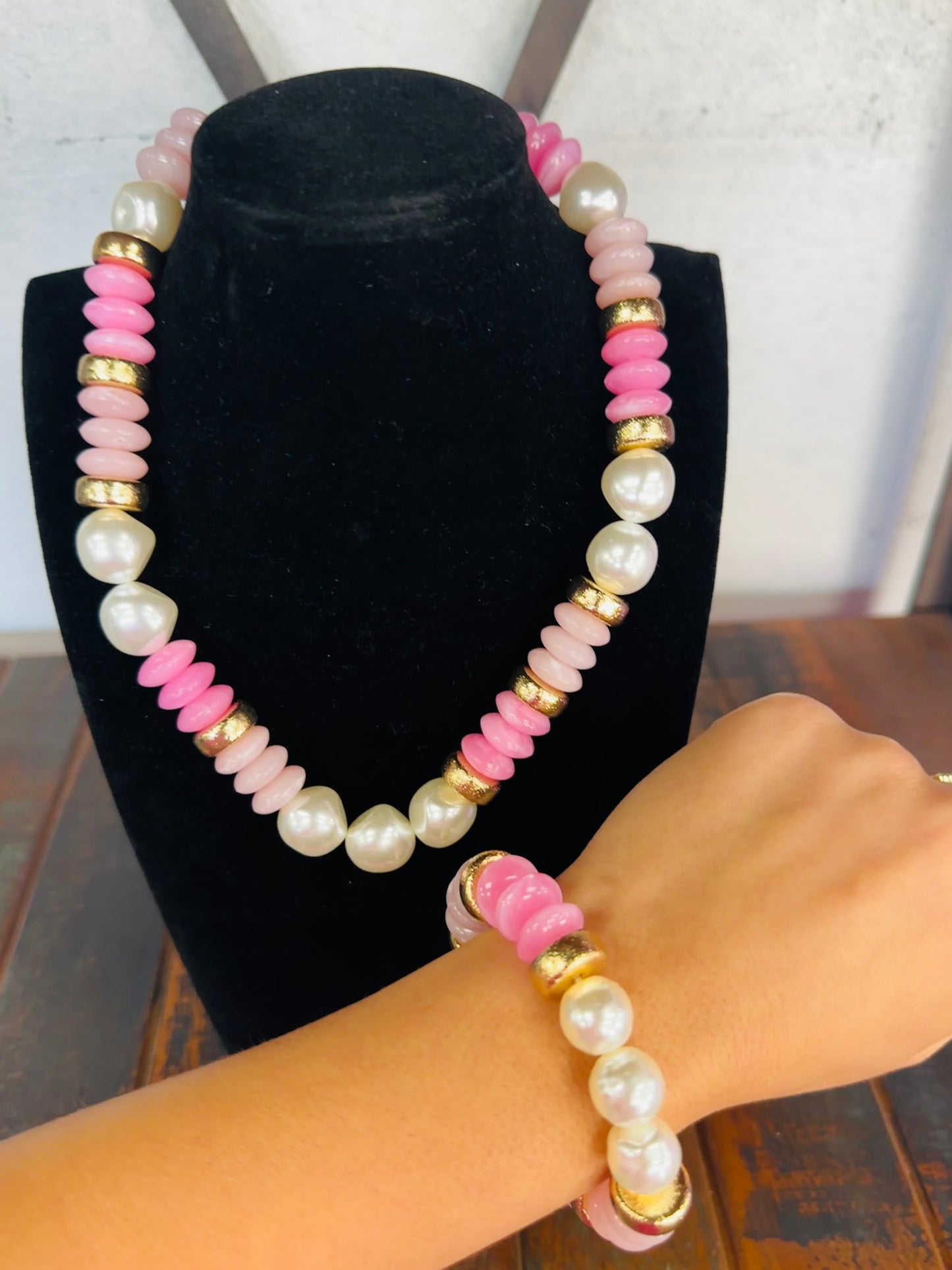 Pink + Gold Pearl Bead Necklace