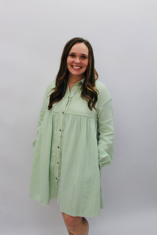 Green Crinkle Puff Sleeve Shirt Dress