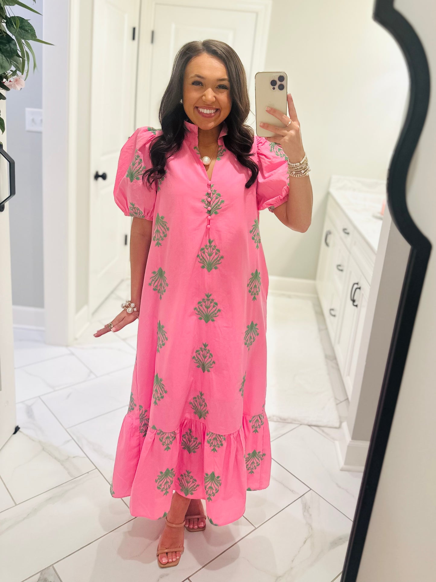 The Nola Pink + Green Botanical Embroidered Midi Dress