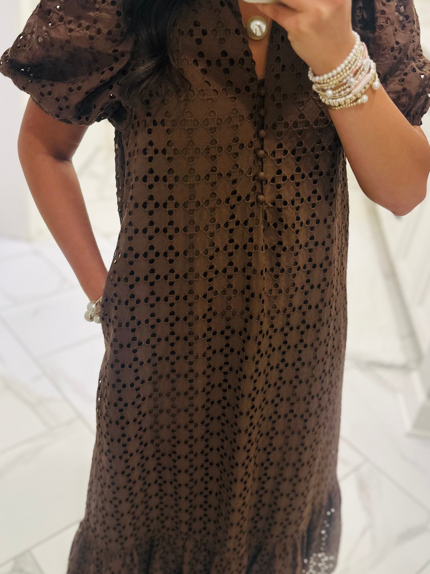 The Liz Brown Eyelet Midi Dress