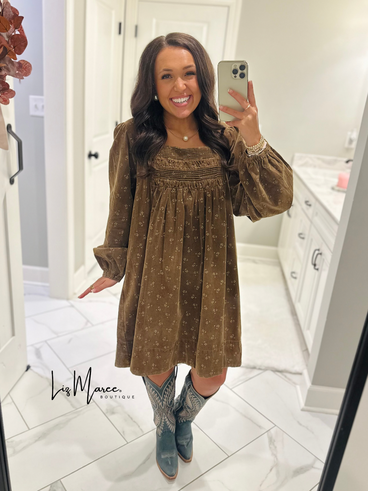 The Cassie Dark Camel Floral Corduroy Dress