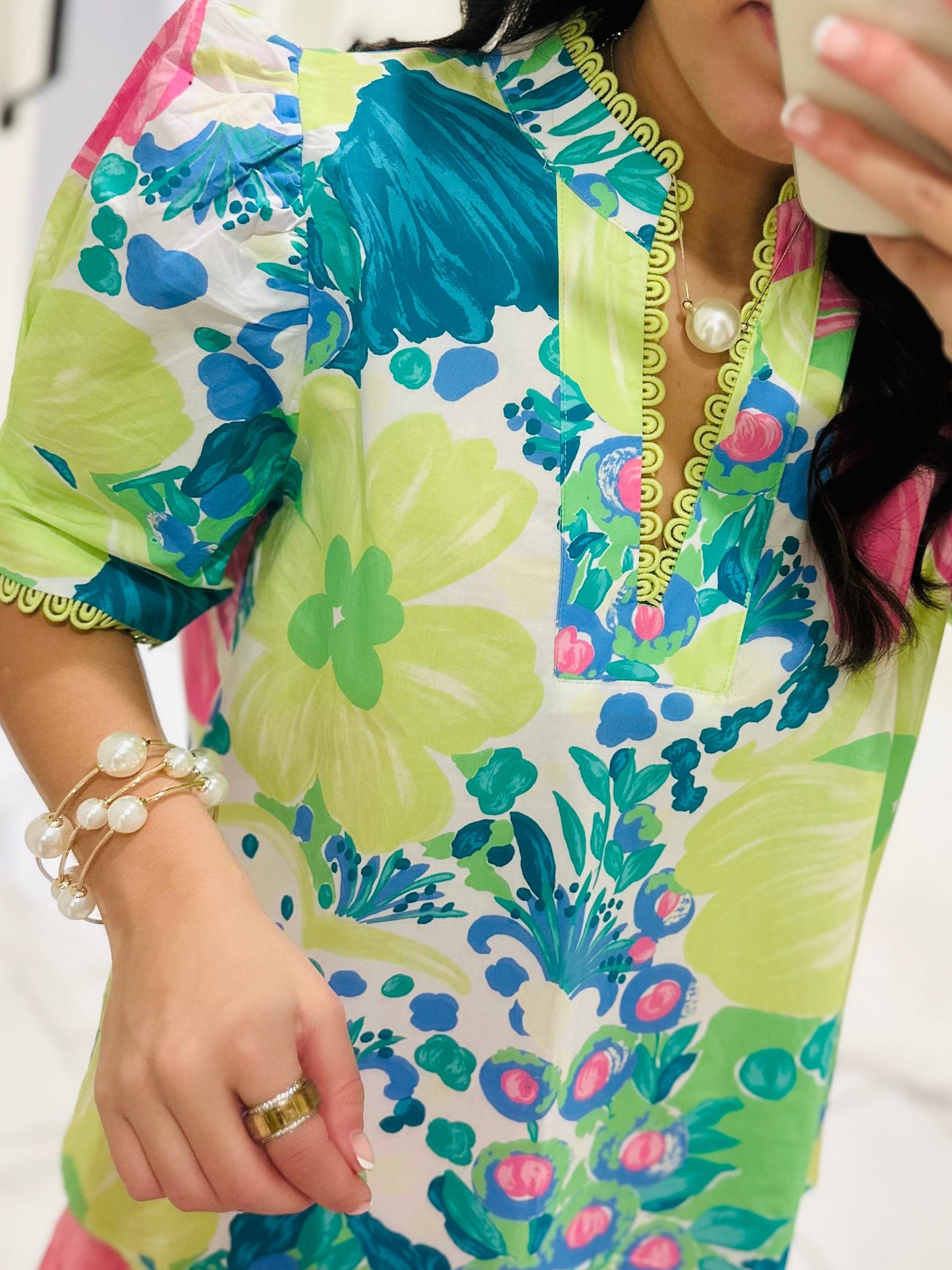 The Remi Lime Green Floral Scallop Trim Top
