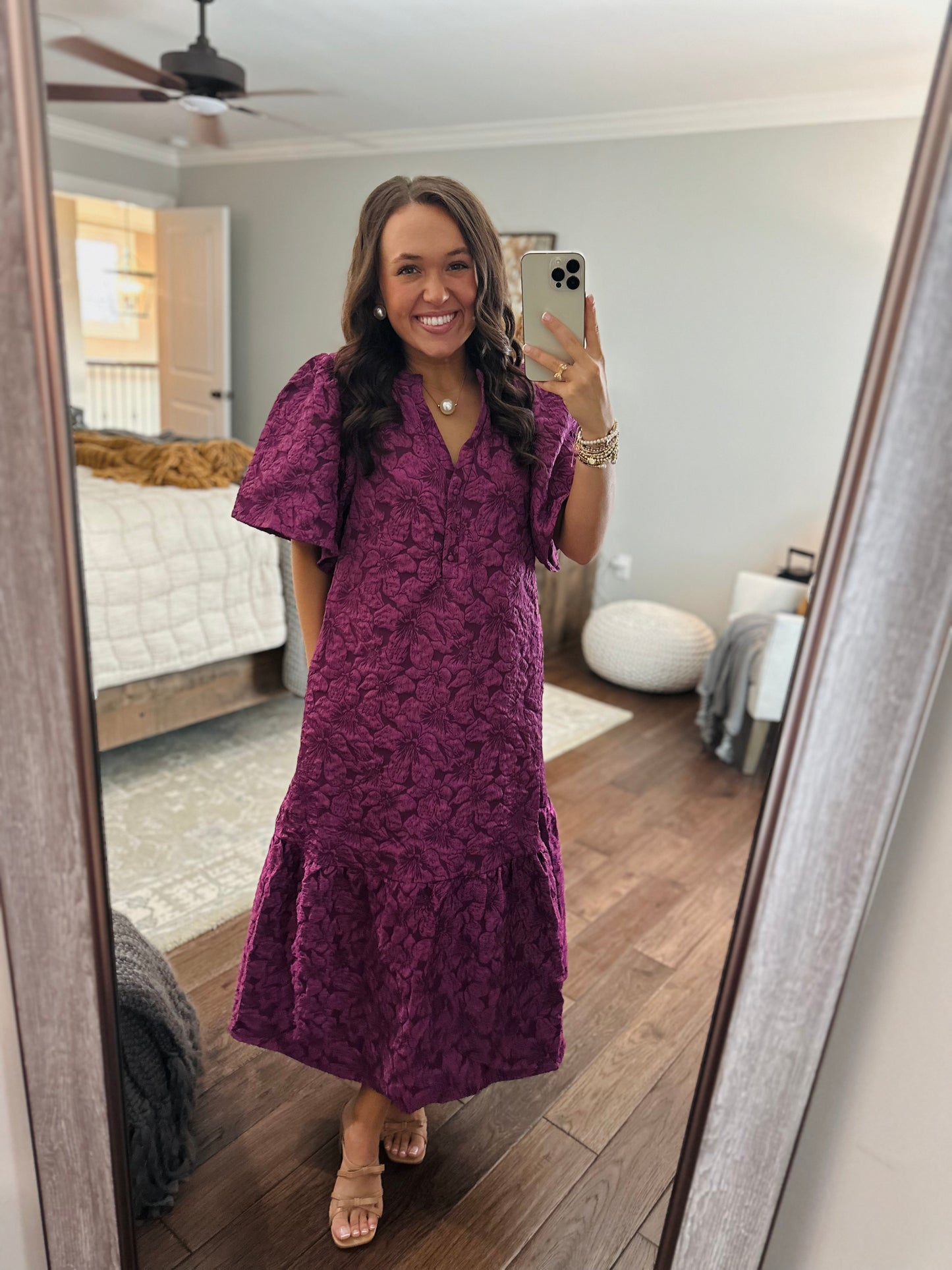 The Ada Plum Jacquard Floral Midi Dress