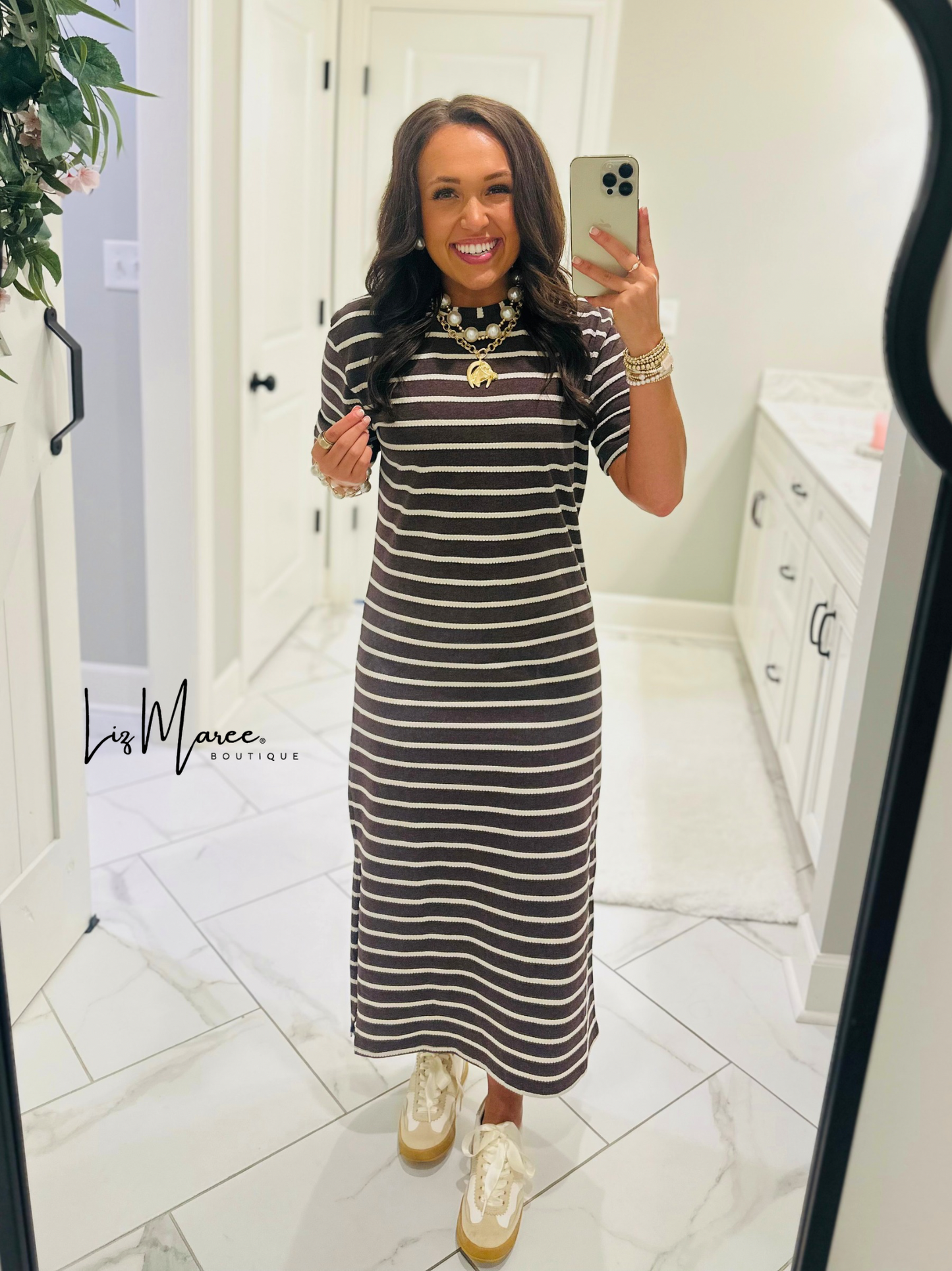 The Abigail Heathered Cocoa Striped Midi Dress