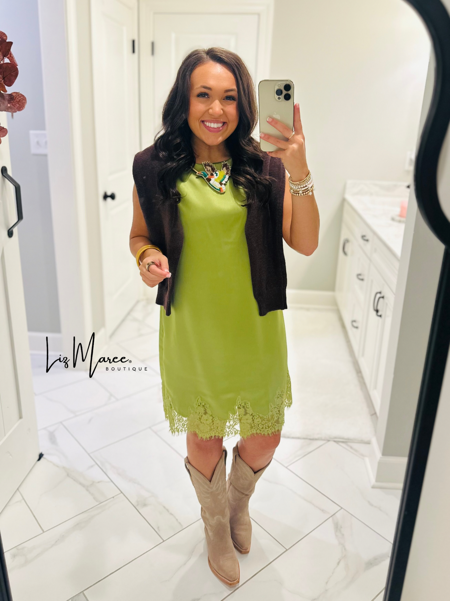 The Lola Olive Green Satin Lace Dress