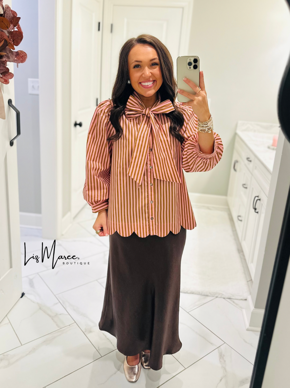 The Shelby Pink + Brown Striped Bow Top