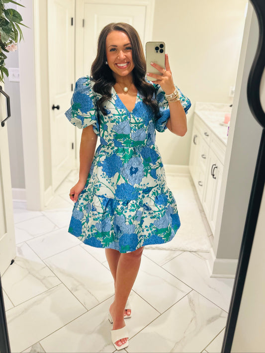 The Willa Blue Floral Jacquard Dress