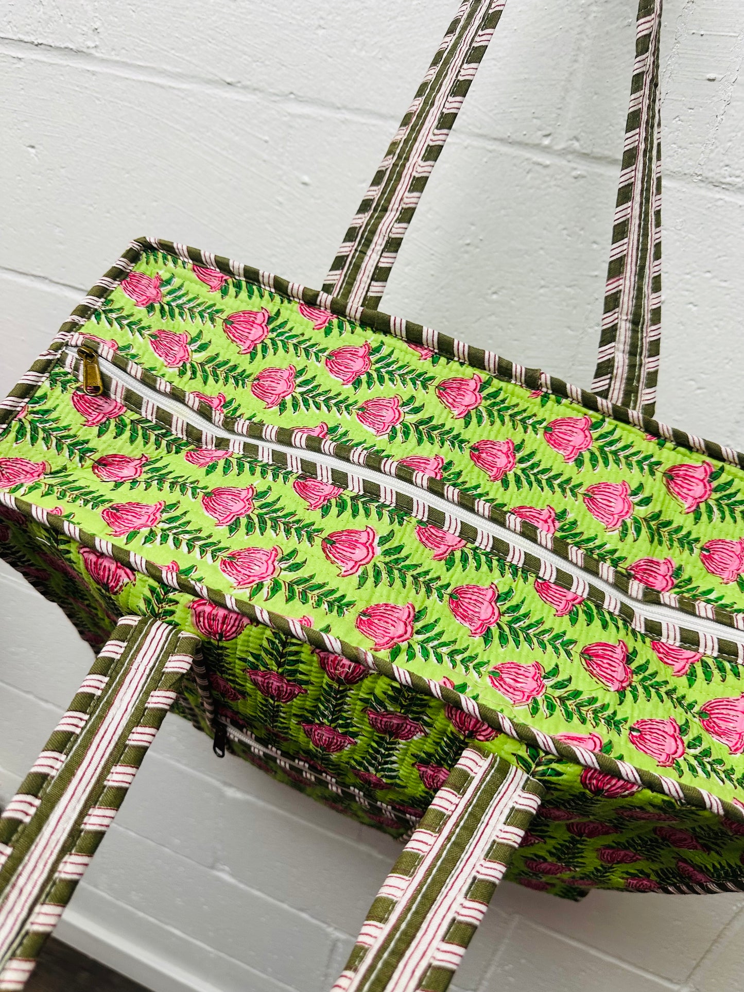 The Green + Pink Ivy Floral Quilted Tote Bag