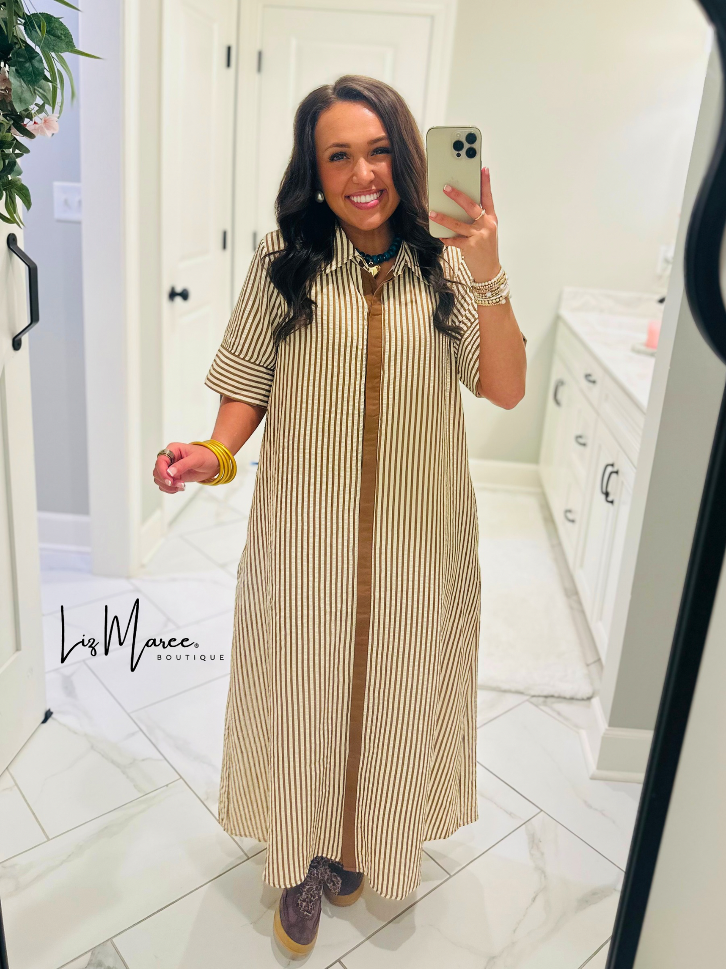 The Nora Caramel Brown Striped Midi Dress