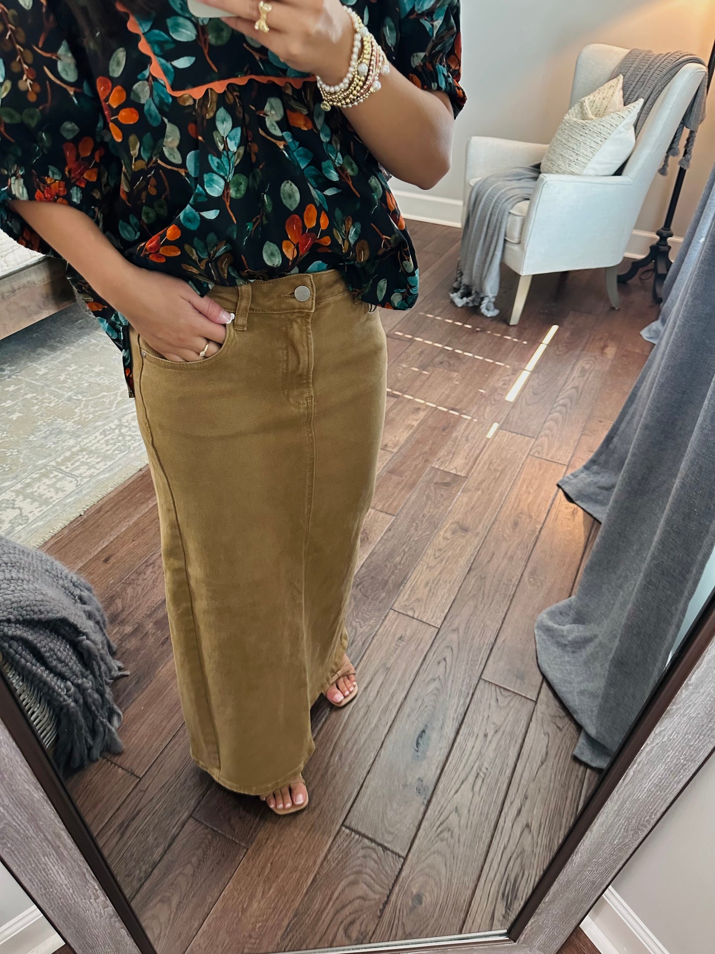 The Mocha High Rise Back Slit Long Denim Skirt
