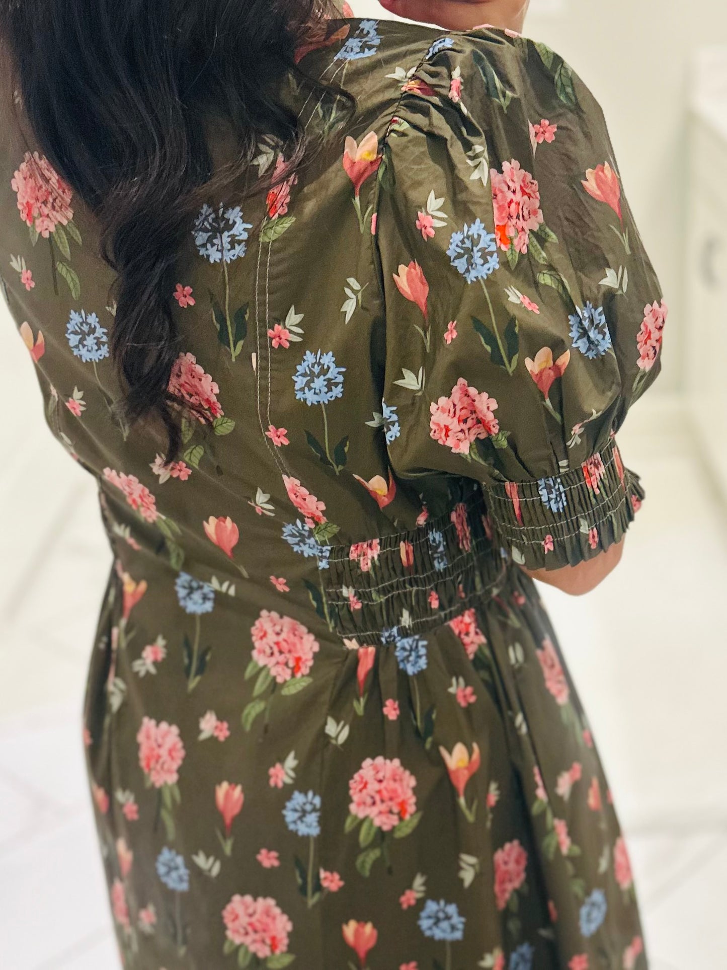 The Annie Olive Green Floral Midi Dress