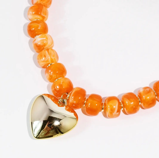 The Orange Beaded Heart Pendant Necklace