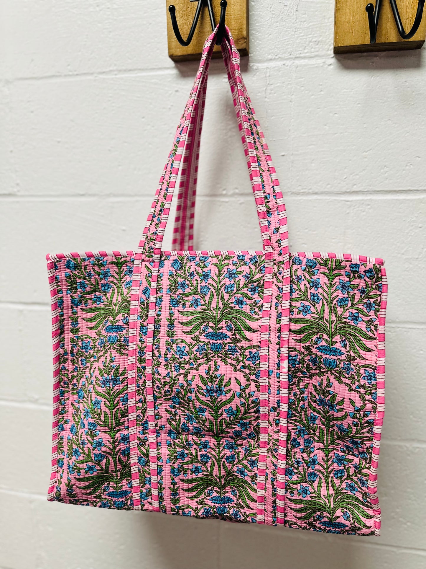 The Pink & Green Floral Quilted Tote Bag