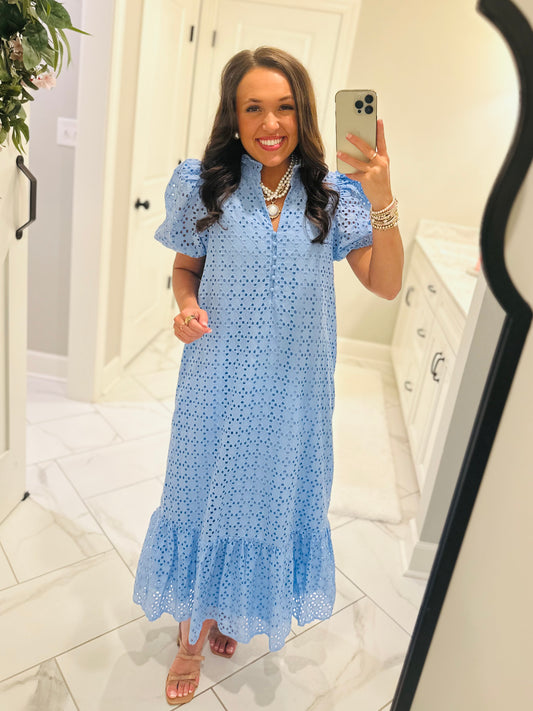 The Liz Light Blue Eyelet Midi Dress