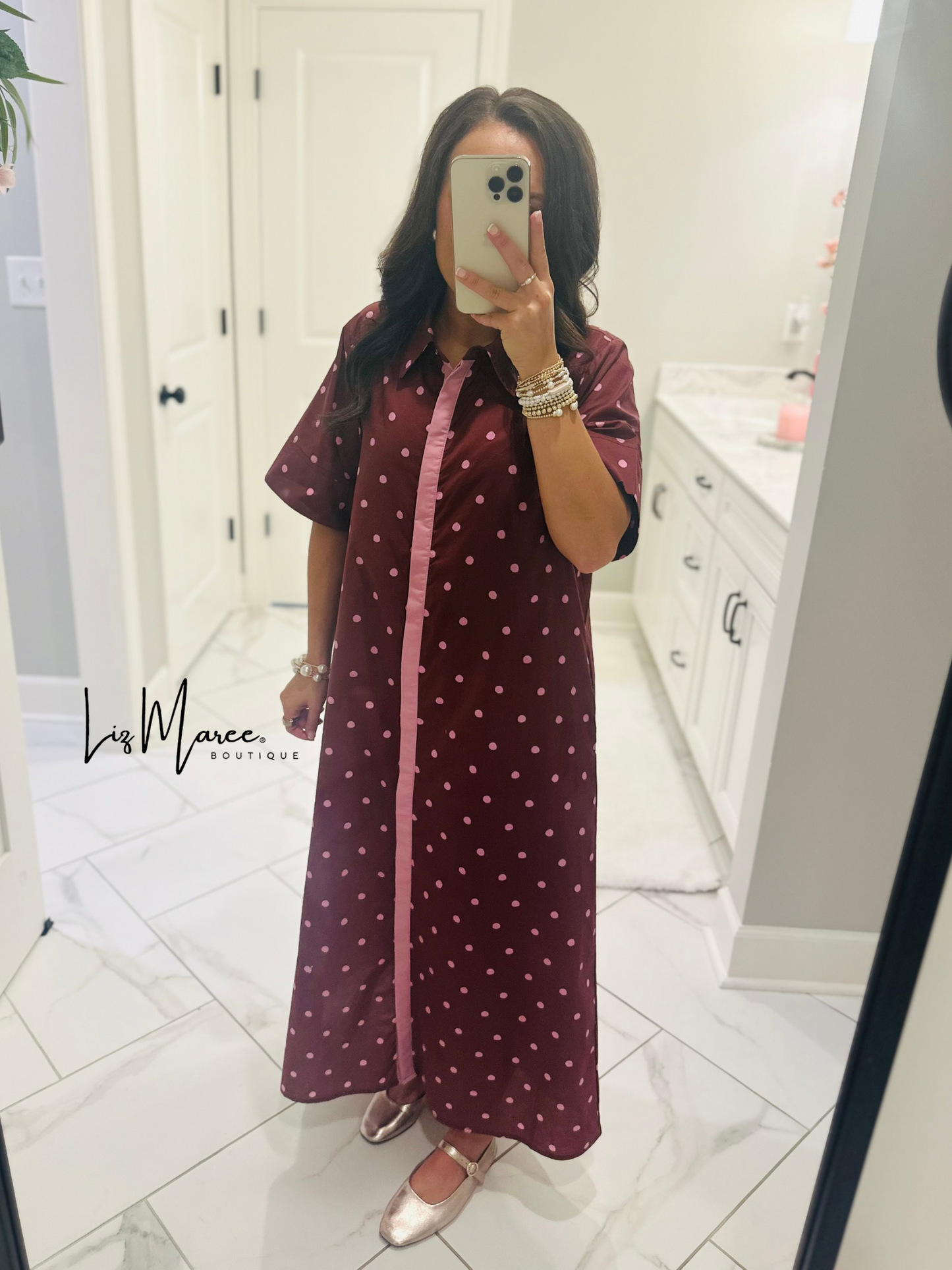 The Ruth Burgundy + Pink Polka Dot Midi Dress
